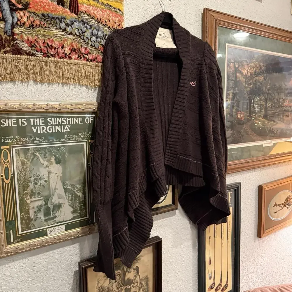 Vintage 00s‎ RARE Hollister Brown Open Cardigan Knit Designer Sweater Size Large